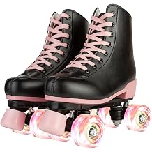Yyw ローラースケート レディース ガールズ ブラック ピンク ローラーダービースケート ライトアップ 大人用 2列 Puレザー スケート ユース 大人 初心者 アウトドア