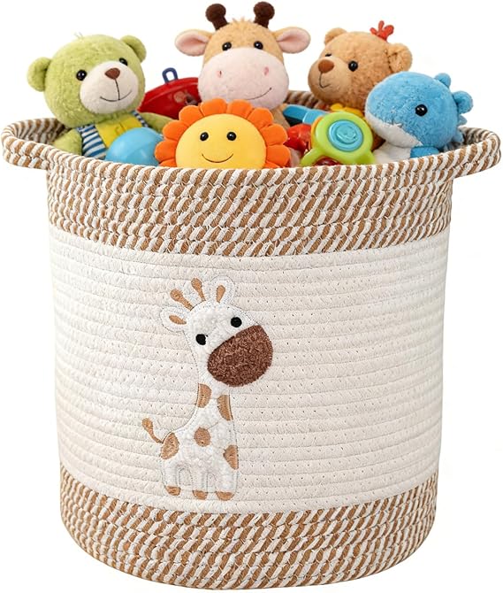 Laundry Basket for Hampers, Woven Cotton Rope Toy Storage Basket with Handle, Toy Basket Room Storage Baskets for Living Room, Bedroom 30 x 30 cm (Large, Giraffe)