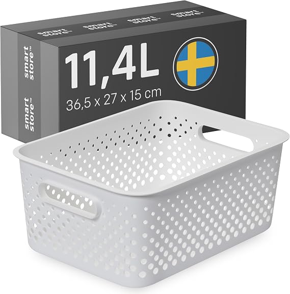 SmartStore Storage Basket with Handles in White 11.4L (36.5x27x15cm) | Plastic Storage Bin from Recycled Plastic | Essence L Storage Box fits A4 paper Storage
