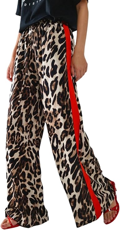 Women's Drawstring Leopard Side Striped Wide Leg Casual Pants