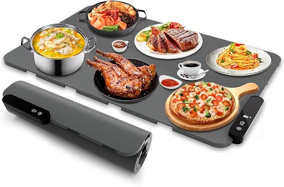 Electric Warming Tray, Rollable Food Warming Mat with 5 Temperature 6 Timer Setting Warming Tray Food Warmer Versatile Electric Warming Hot Plates Trays Heat Pad for Parties Home Travel