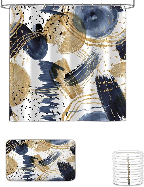 Abstract Blue Gold Shower Curtain and Bath Rugs Set, Boho Aesthetic Unique Modern for Bathroom Decor, Waterproof Cloth Fabric with 12 Hooks,72x72 Inch Non Slip Absorbent Bath Mat 17x29 Inch