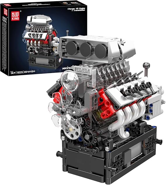 Mould King 10225 V8 Engine Model Kit that Works - Car Engine Building Blocks Kit with Battery, STEM Mechanic Engineering Construction Set, Collection Model Gift for Adults(855 PCS)