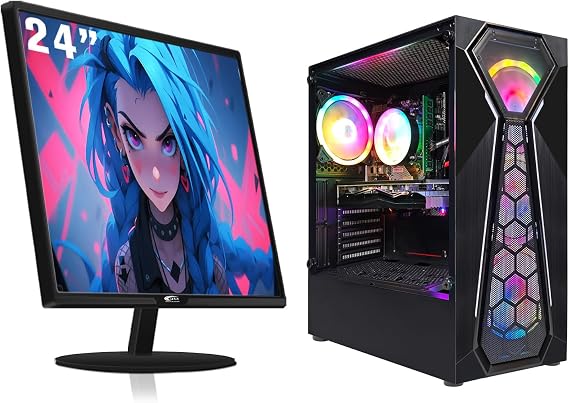 STGAubron Gaming PC Bundle with 24 inch FHD LED Monitor- AMD Ryzen 3 3200G 3.6G, Radeon RX 580 8G, 16G DDR4, 512G SSD, RGB Fan x 4, Windows 11 Home