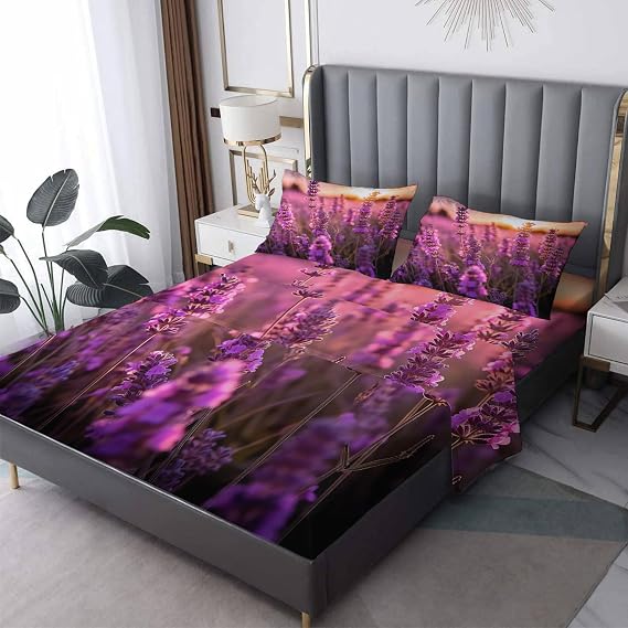 Lavender Floral Sheets Queen Sheet Set - Lavender Flower Bed Sheets, Soft Microfiber & Deep Pocket & Wrinkle Free Patterned Bedding Sheets & Pillowcases, 1 Fitted Sheet, 1 Flat Sheet, 2 Pillow Cases