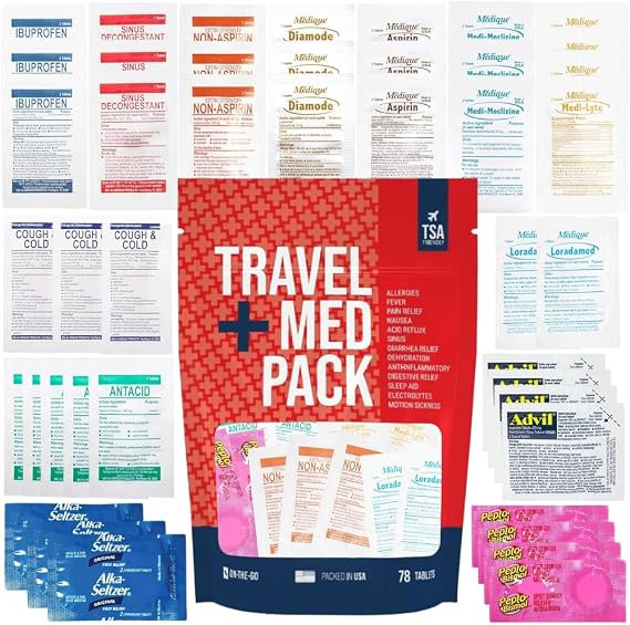 Travel Medicine Kit - 78-Piece TSA-Approved Urgent Care Kit Medication Pack for Flights, Cruises & International Travel | Individually Wrapped OTC Medication Essentials