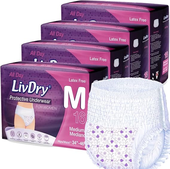 Livdry M Adult Diapers Women Overnight Incontinence Underwear, Ultimate Max Absorbency, All Day or Night Protection, Medium (64 Count)