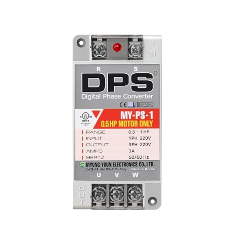Single Phase to 3 Phase Converter, My-PS-1 Model is Used for 0.5HP(0.4kW) 1.5Amps 200-240V 3 Phase Motor, 1 DPS is Used for 1 Motor, Input/Output 200V-240V, UL Listed