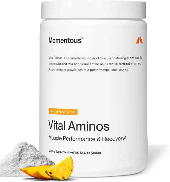 Momentous Vital Aminos Powder Supplement, BCAA & EAA, Tropical Punch | Supports Muscle Growth, Recovery, Protein Synthesis, NSF Certified for Sport, Non-GMO & Gluten-Free (30 Servings)