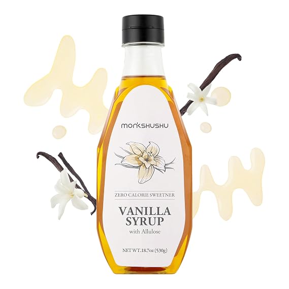 MONKSHUSHU Vanilla Allulose Syrup 18.7 Fl Oz for coffee, drinks - Keto Diet, Vegan friendly, Diabetes-Safe - Zero Calorie, Liquid type Sugar Substitute - Monk Fruit - Gluten Free, 0g Net Carbs, Non-GMO