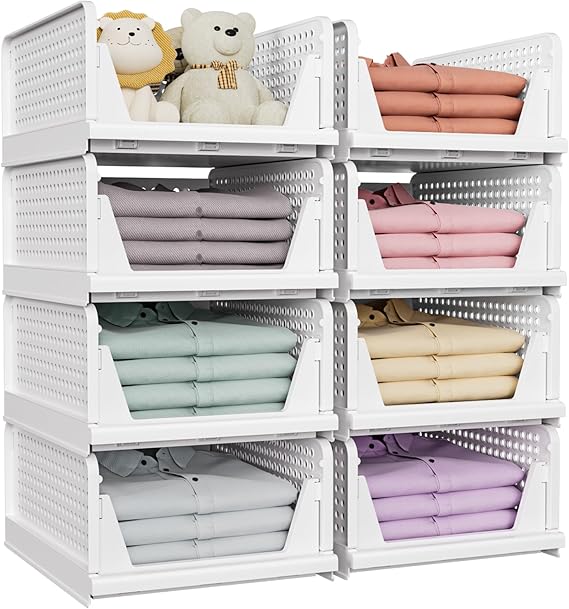 SNSLXH 𝟴𝗣𝗰𝘀 Folding Stackable Closet Storage,Space-Saving Wardrobe | Multifunctional Closet Drawer Organizerr for Bathroom Kitchen Laundry Room Wardrobe Storage,Wardrobe Drawer Organizer, White