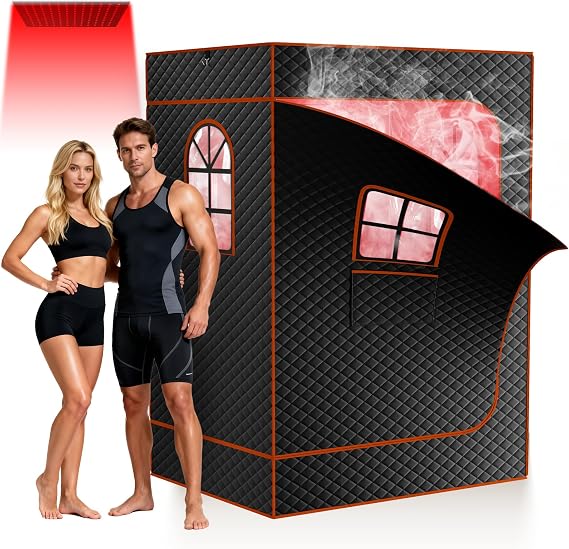 SUNYRISY 2Person Portable Infrared Sauna for Home, Upgraded Foldable Large Size Steam Sauna Room with 3L Steamer, Folding Chair, Full Body Sauna Tent for Relaxation