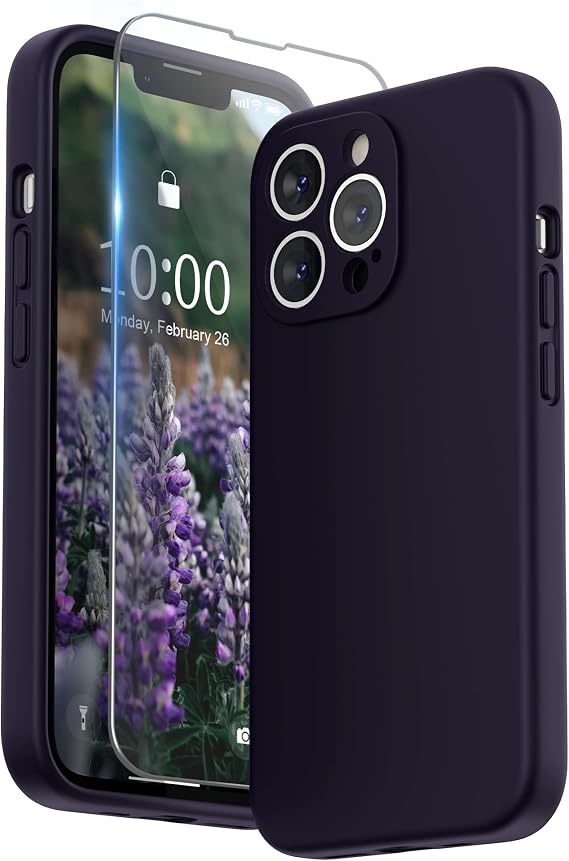SURPHY Case for iPhone 13 Pro Case with Screen Protector, 13 Pro Liquid Silicone Phone Cases (Camera Protection & Soft Microfiber Lining), Midnight Purple