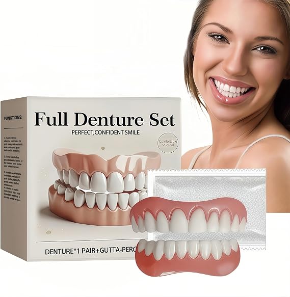 Silicone Reline Denture Set for Women,Full Set Dentures,Silicone Soft Dentures Reline Kit Repair for Men and Women,Dentures False Teeth Set,Snap On Veneers Teeth,Silicone Denture Set