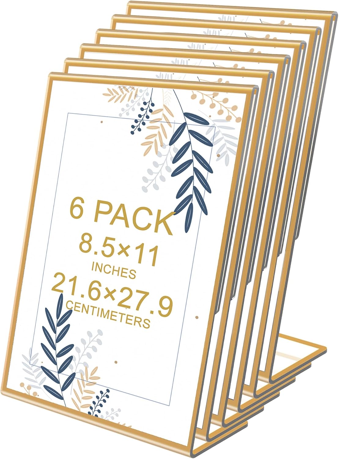 Acrylic Gold Frames Sign Holders - 6Pack 8.5x11 Flyer Document Brochure Display Holders with Vertical Slant Back for Office Desktop - Plastic Table Menu Stands Plastic Paper Holders