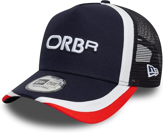 Red Bull Racing F1 Trucker Hat, New Era E-Frame, Navy with Red Trim, Adjustable Mesh Baseball Cap