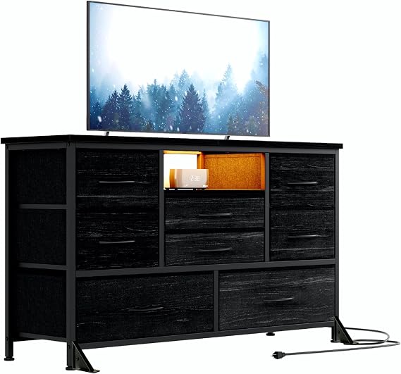 Jojoka 8-Drawer LED Dresser TV Stand with Power Outlet for 55'' TV - Wide Storage Chest for Bedroom, Living Room & Entryway, Wood Top Console Table with 22 Light Modes
