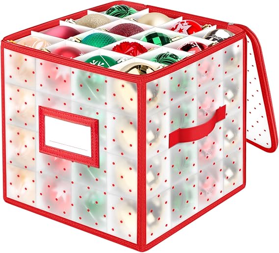 BlessedSeason Christmas Ornament Storage Box with Adjustable Dividers, Store up to 64 3-inch or 36 4-inch Christmas Ornaments, Plastic Xmas Storage with Zippered Closure & Two Handles