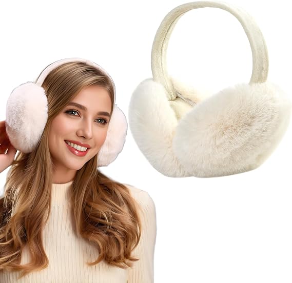 Winter Ear Muffs for Women Faux Fur White Earmuffs Foldable Ear Warmers Ladies Covers for Cold Weather 1Pack
