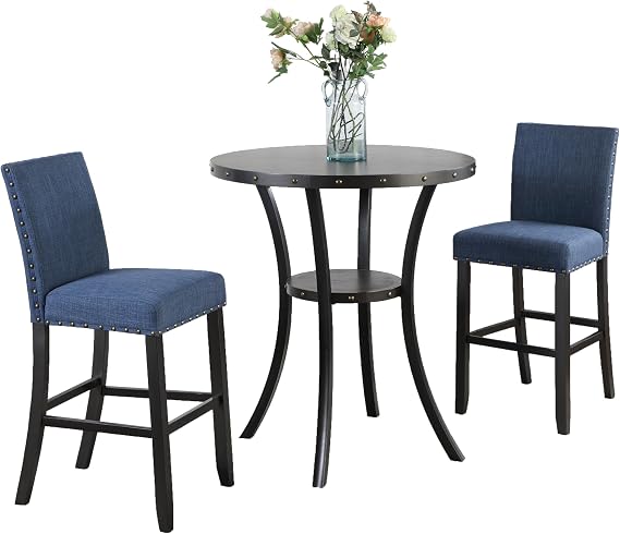Roundhill Furniture Biony 3-Piece 36" Round Espresso Bar Table with Nail Head Stools, Blue