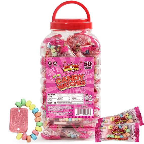 50 Pink Candy Watches, Candy Bracelets, Individually Wrapped - Party Favors | Bulk, stretchable, edible rainbow candy in colorful fruity flavors, kosher, kids jewelry. Fun for kids parties.
