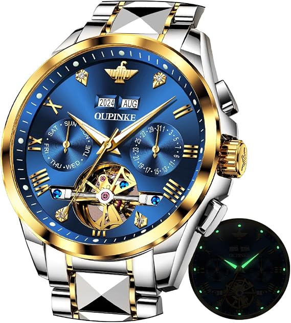 OUPINKE Mens Automatic Wrist Watch Luxury Diamond Self Winding Mechanical Waterproof Sapphire Crystal Date Watch