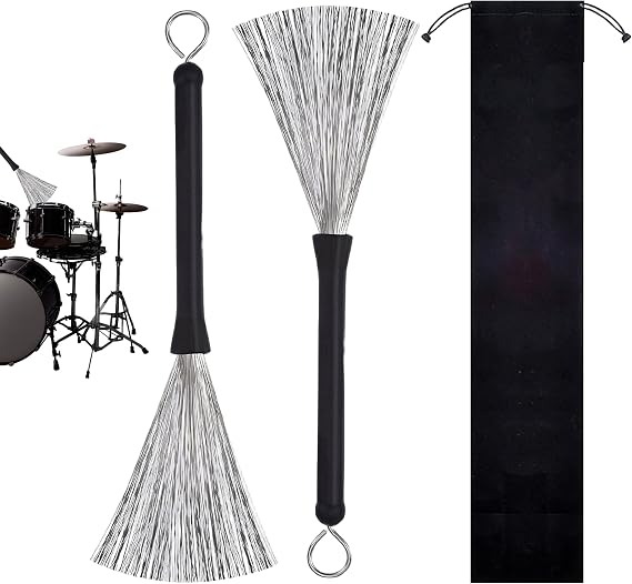 2 PCS Drum Brushes, Retractable Wire Brush with Comfortable Rubber Handles Black Drum Sticks with Comfortable Rubber Handles & Storage Bag for Rock Folk Music & Jazz
