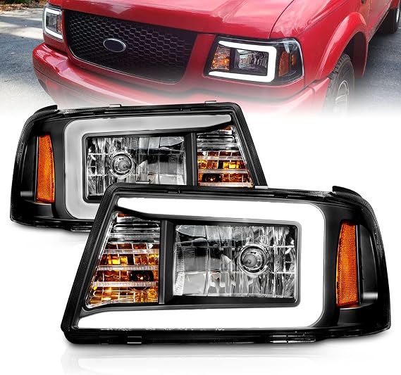 AmeriLite for 2001-2011 Ford Ranger Truck LED Tube Black Replacement Headlights Corner Lamp Set - Passenger and Driver Side