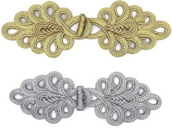 HAORUN 2-Pack Decorative Chinese Frog Closure Clasp Retro Cheongsam Buttons Gold Silver (Gold+Silver)