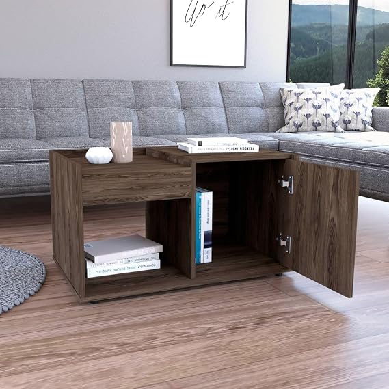 31.5" D Brown Coffee Table, Wood Grain & Spacious Open Storage Space, Single Door, Rectangular Center Table, Farmhouse, for Living Room, Dining Room, Office