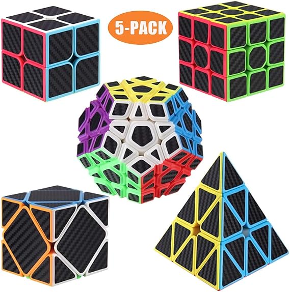 ROXENDA Speed Cube Set, 2x2 3x3 4x4 Pyramid Dodecahedron Cube - Magic Fast Cubes Collection for Kids & Adults [5 Pack](Carbon fiber)