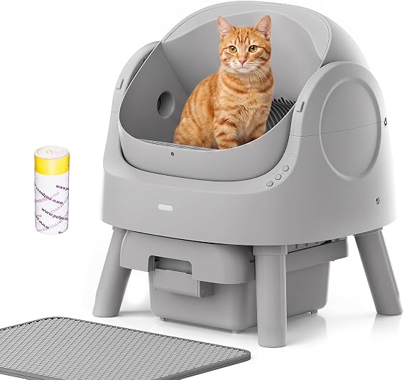 Mimfam Automatic Self Cleaning Litter Box, with 4 Pairs Infrared Senor, Open-Top Design for Multi-Cat Homes,  with Liner Bags and Cat Litter Mat, Grey