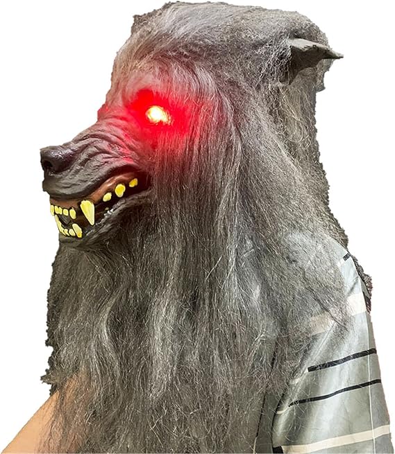 HAO Realistic Furry Halloween Horror Werewolf Mask with LED, Glowing Eyes Wolf Mask for Halloween Party Wolf Cosplay Costume