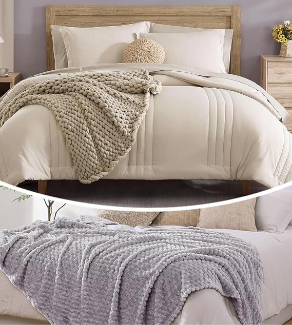 Monbix 7 Piece Comforter Sets and Fleece Throw Blanket Bundle