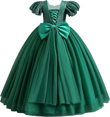 IDOPIP Flower Girl Sequin Lace-up Bow Dress for Kid Wedding Bridesmaid Pageant Party Formal Long Gown Communion Tulle Dresses