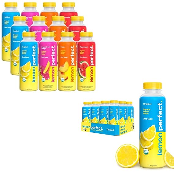 Lemon Perfect 4-Flavor Variety Pack + Original Lemon, Organic, Flavored Lemon Water, Zero Sugar, Healthy Hydration Drinks - 15.2oz Bottles (24-Pack)
