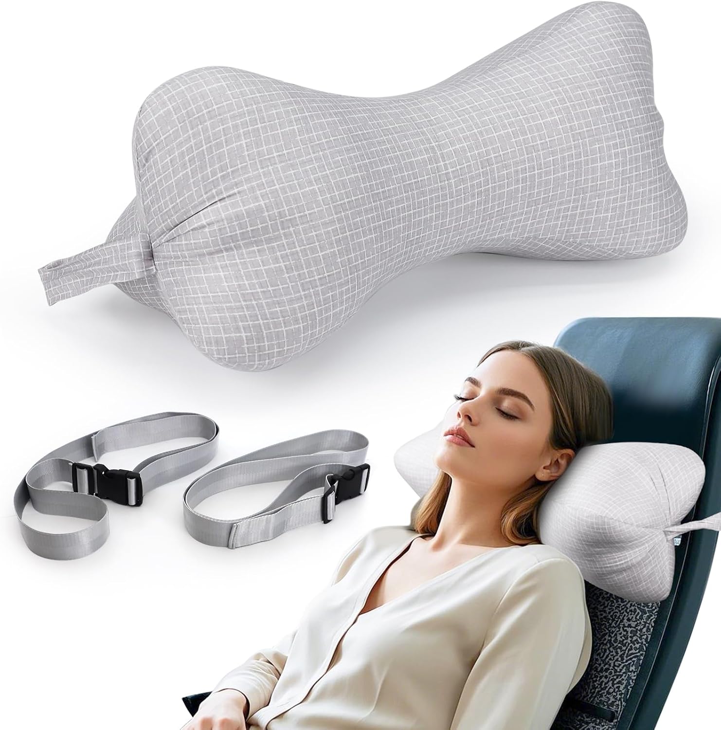 Neck & Cervical Pillows, Bone Pillows for Neck Support with 2 Fixed Rope & Have Loops on End, for Chiropractic Lumbar Spine, for Car Bus Truck Driving Travel Comfort Head Rest Support,Gray