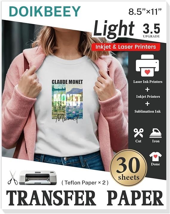 Heat Transfer Paper - 30 Sheets, 8.5" X 11" Light Iron On Transfer Paper