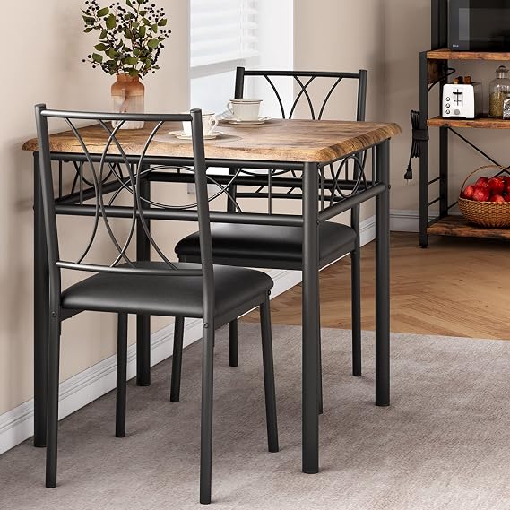 CABIHOME Dining Table Set for 2, 3 Piece Kitchen Table Set with 2 Upholstered Chairs, Square Kitchen Table Set for Small Space, Apartment, Dining Room, Retro Brown