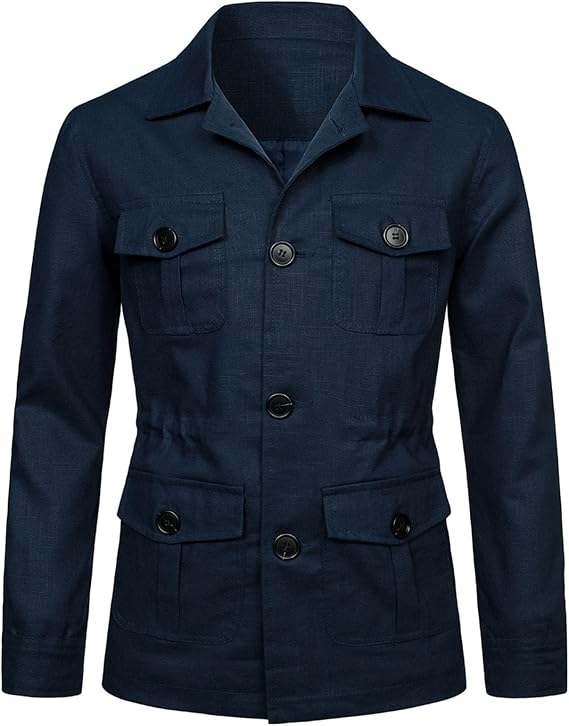 Mens Casual Linen Cargo Jackets Multi Pocket Utility Safari Jackets Lightweight Work Coats Button Down Overshirts