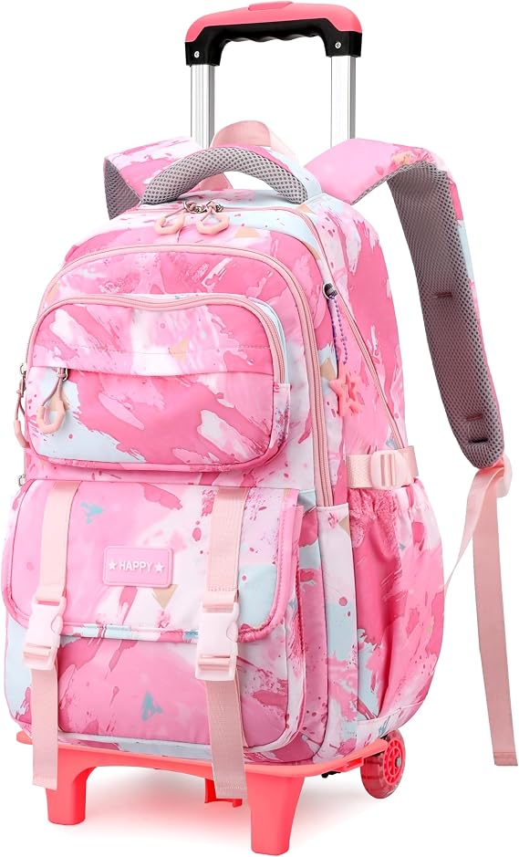 Kids Rolling Backpack for Girls School Bag with Wheels, 2-Wheel Pink