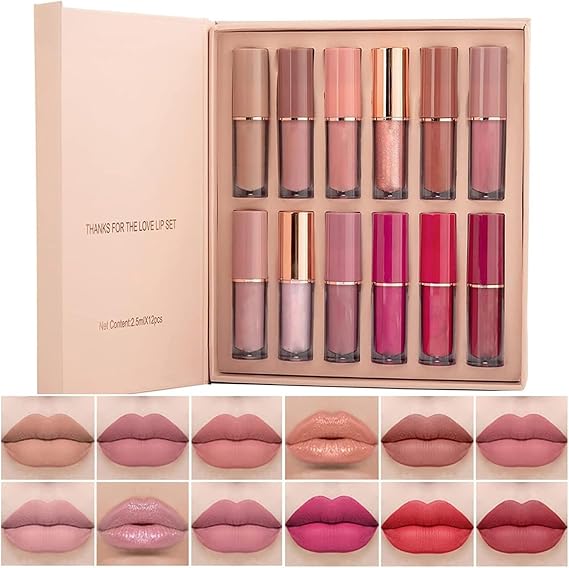 12 Colors Nude Liquid Lipstick Makeup Set Matte Velvet Non-Stick Cup Not Fade Long-Lasting Waterproof Pink Lip Gloss High Shine Lip Plumping Glass Finish Lipstick Set Gift Kit For Women
