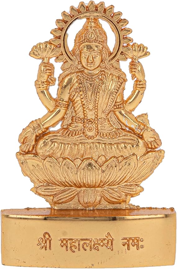Lakshmi Statue Murti Golden Metal Small Laxmi Laksmi Sitting Lotus Hindu Goddess for Car Dashboard Home Office Desk Mandir Temple Pooja Décor Diwali Wedding Gift (3 Inch)