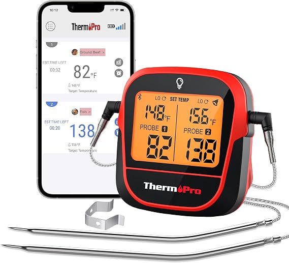 TempPro 450-ft Wireless Meat Thermometer Digital, Bluetooth Meat Thermometer Wireless, Smoker Thermometer with Dual Meat Probe, Cooking Food Thermometer for Grilling,Smoking(Previously ThermoPro)
