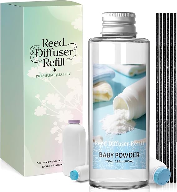 Reed Diffuser Refill 200ml, Baby Powder Scented with 6 Reed Sticks