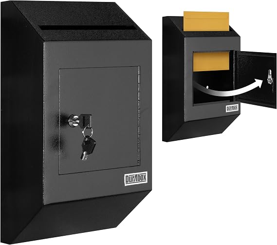 Durabox Drop Box Deposit Safe 10 x 4 x 16 Heavy Duty Steel with Slim Profile Wall Mailbox with Wide Deposit Slot for Letters, Documents Checks and Cash for Home, Office & Commercial (W300) (Black)