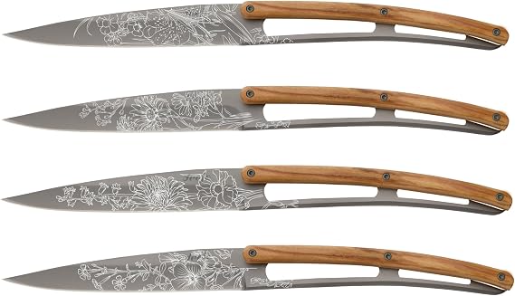 deejo - Set of 4 Steak Knives - Blossom Design, 9.55-Inch, Stainless Steel Blade, Mirror Finish, Olive Wood Handle - 2 oz Non-Folding Stunning Table Knives