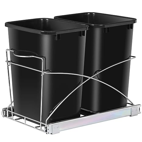 Pull Out Double Trash Can 35 Quart Metal Sliding System Pullout Shelf for Garbage Bin- Adjustable Under Counter Garbage Can Recycling Bin for Kitchen Cabinets
