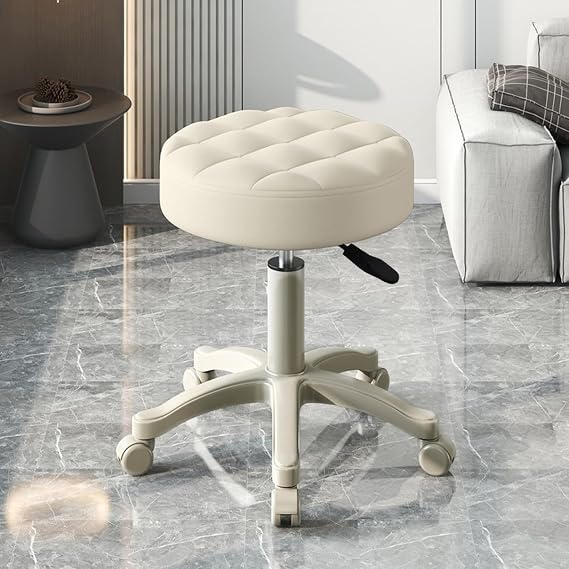 Adjustable Stool, Stool on Wheels, 360° Swivel Rolling Stools to sit on, Faux Leather Upholstered Soft Cushion, for Modern Workspaces, SPA Salons, Kitchen Islands, Home Bars Beige