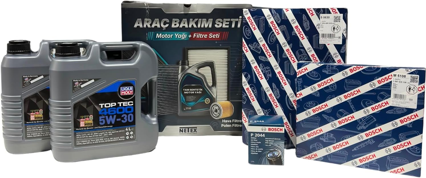 Premium Bakım Seti Toyota Hilux 2393CC Dizel D-4D 150PS Model Yılı (2017-2025) (Liqui Moly Top Tec 4600 5w30 Motor Yağı, Bosch S0630 Hava Filtresi, M5108 Kabin Filtresi, P2044 Yağ Filtresi)